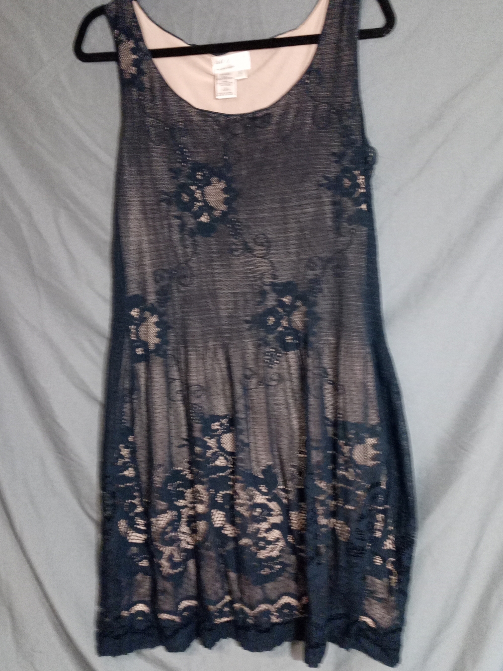 Navy Lace Overlay Mini Dress with Nude Lining Size Small